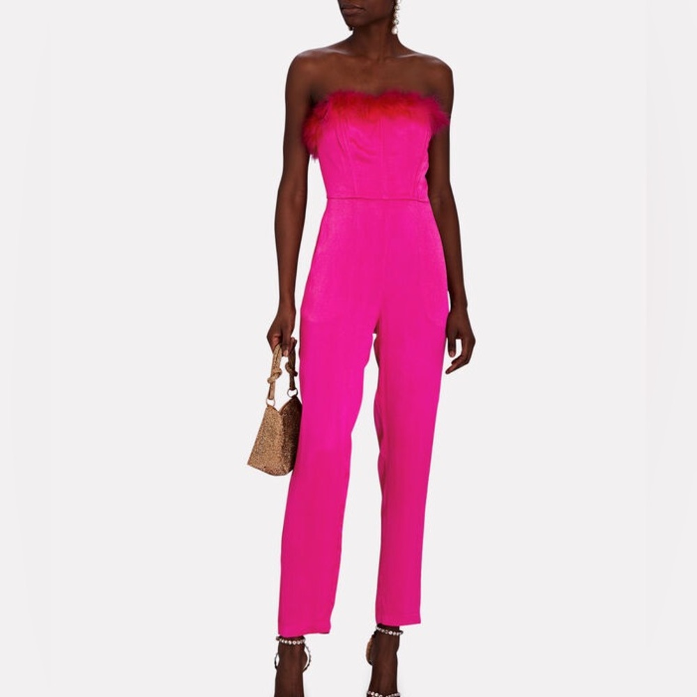 SAYLOR Raya Faux Feather-Trimmed Satin Jumpsuit small - Picture 1 of 12